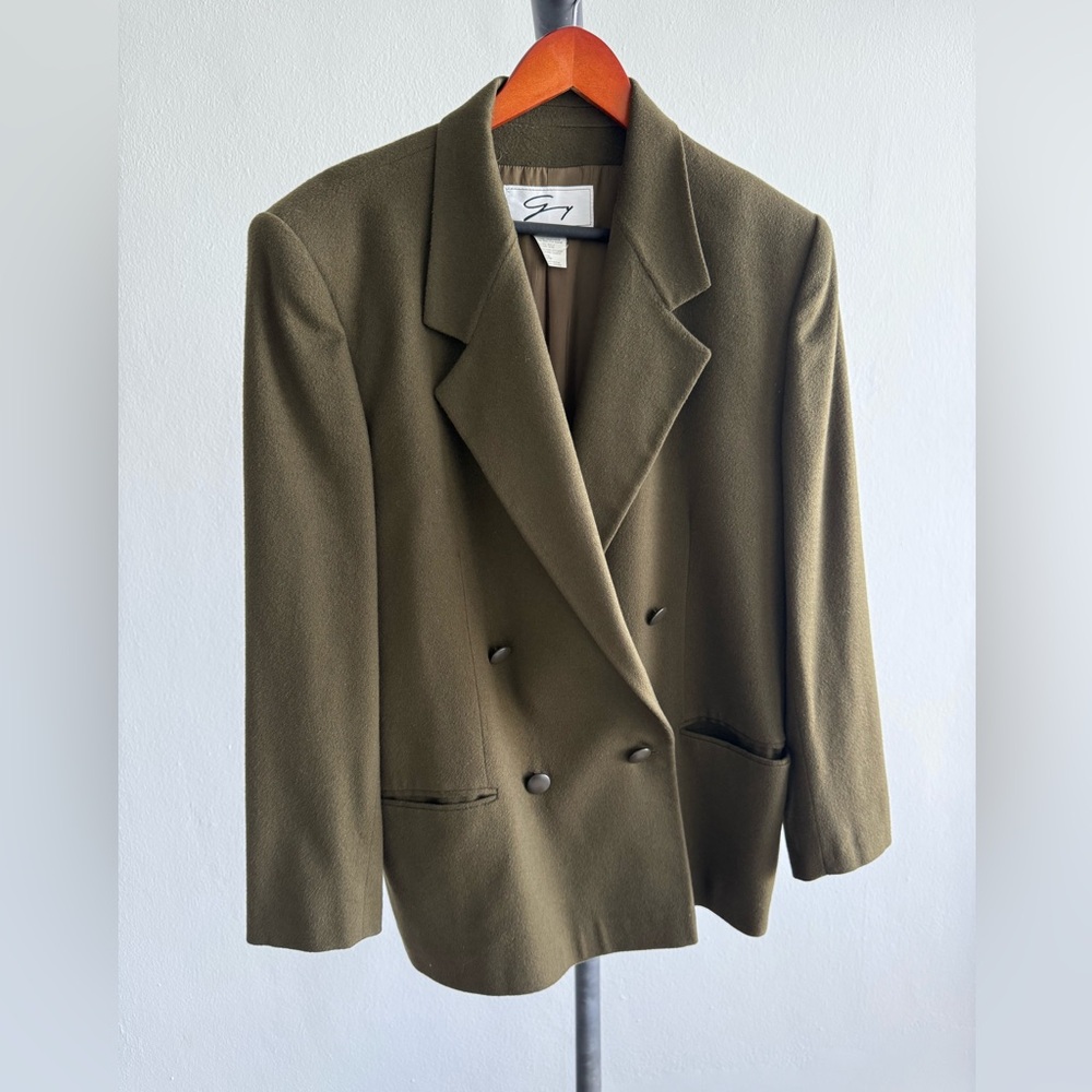 Vintage GY Italy Wool Cashmere Double Breasted Blazer Olive Green Size 12